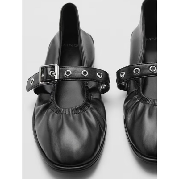 NEW MANGO MNG BLACK GATHERED STRAP BUCKLE BALLERINA BALLET FLATS SHOES 37 US 6.5 - Picture 2 of 5